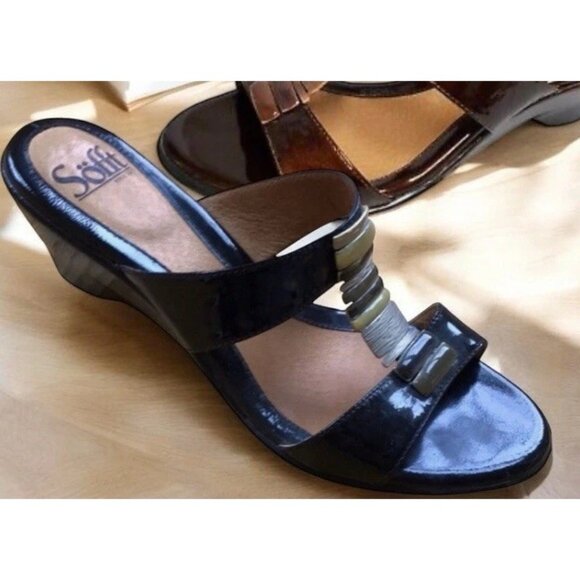 Sofft Anita Patent Leather Wedge Sandals Sz 8M Black Slide Mules Embellished - Picture 7 of 8